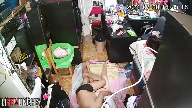 Fast missionary sex in a cluttered apartment (on hidden camera)