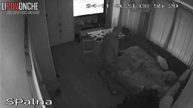 Brunette fucked by man in living room in front of TV