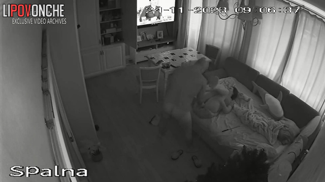Brunette fucked by man in living room in front of TV