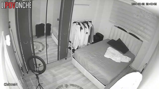 Fat man fucks petite brunette on bed and cums inside her