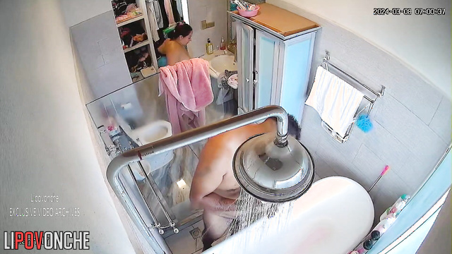 Fat milf sucking cock her husband in the bathroom