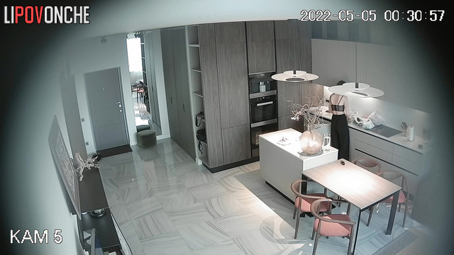 Skinny brunette sucks her man in the kitchen in her underwear