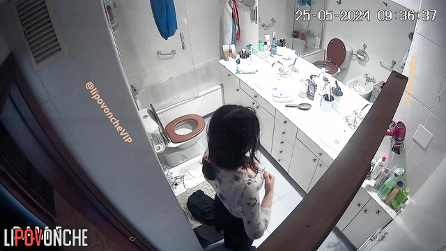 Morning routine with cute peeing of young & skinny brunette