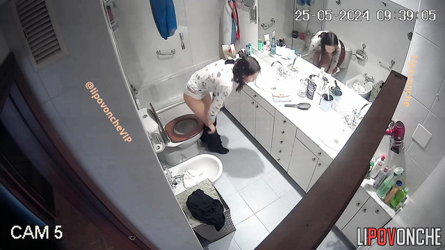 Morning routine with cute peeing of young & skinny brunette