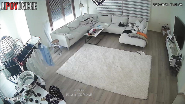Naked couple chatting casually on the sofa (living room cam)