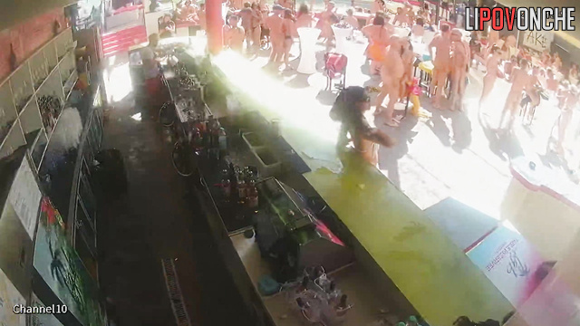 Naked milfs and old farts kissing at the pool party