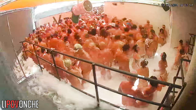 Naked people enjoying oral sex at the foam party (pool)