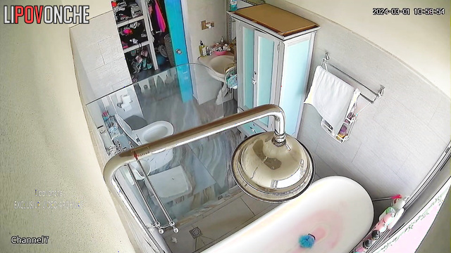 Fat brunette showering after peeing and masturbation
