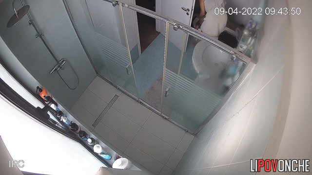 Handsome bearded guy watching hot blonde in the shower
