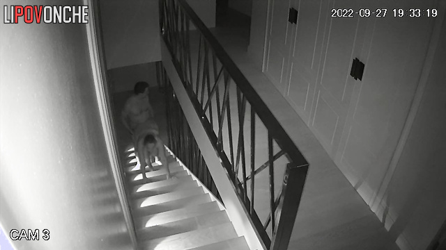 Naked guy fucked her right on the stairs (home porn)