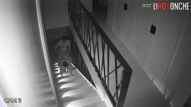 Naked guy fucked her right on the stairs (home porn)