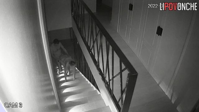 Naked guy fucked her right on the stairs (home porn)