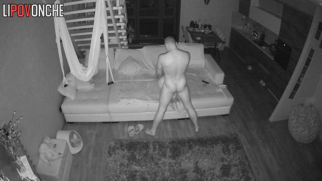 Skinny couple enjoying fast sex in the night living room