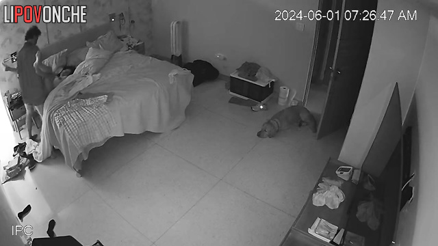 Hairy man fucked brunette in pussy in bedroom on bed