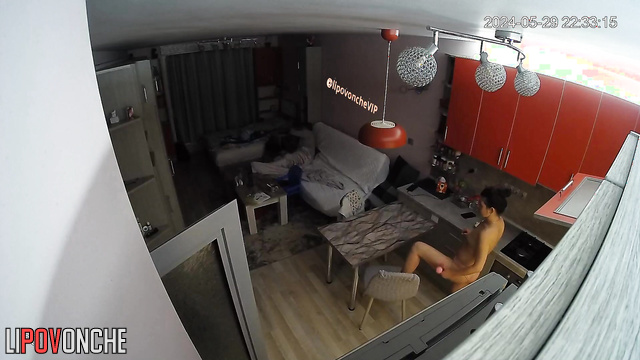 Topless brunette has no complexes (living room tape)