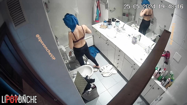Babe with hairy pussy dressing after hold shower