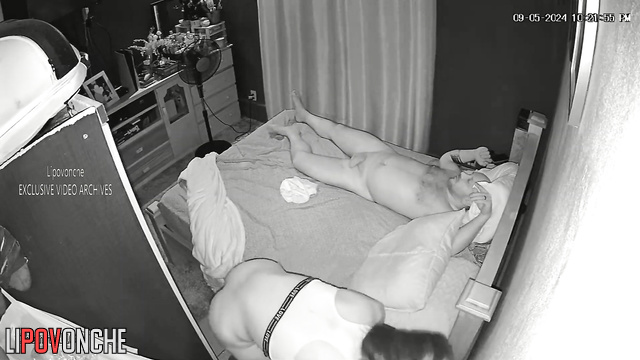 Bald guy touching her boobs after mind-blowing sex