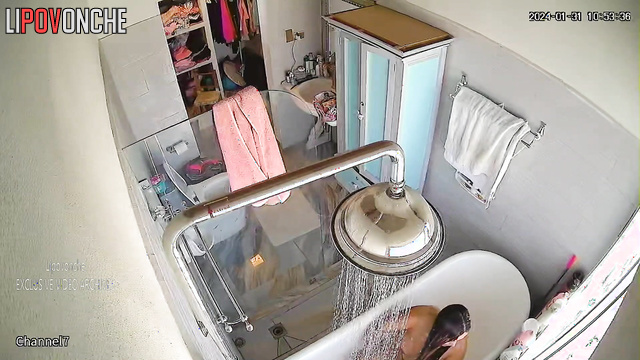 Beauty chabby lady showering hot in the batroom