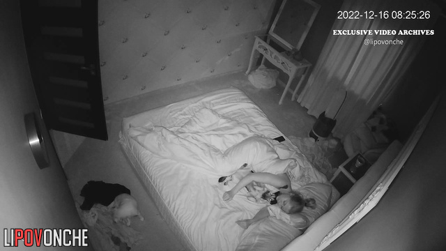 Pretty blonde sleeping sweet with her dogs, bedroom tape