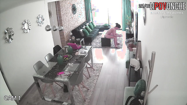 Lonely brunette is waiting for her fucker in the living room