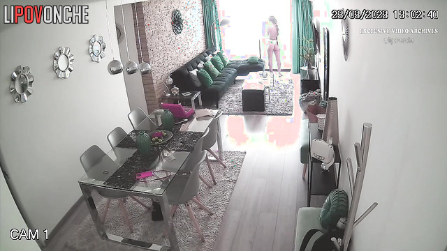 Lonely brunette is waiting for her fucker in the living room