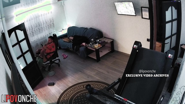 Guy jerking off on a lesbian porn while his wife is sleeping