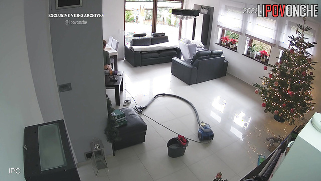 Cleaning scenes in the huge living room with blonde