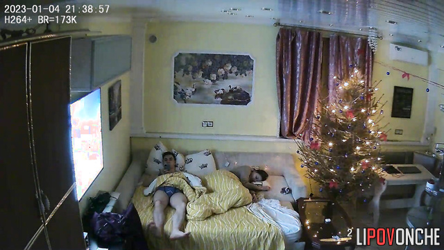 Christmas home scene - couple chilling near a new year tree