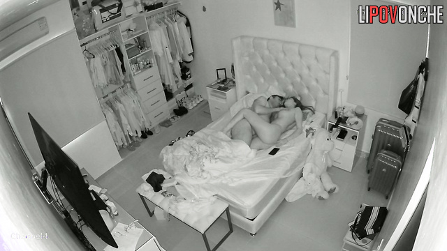 Skinny and sexy girl chatting with lover lying with husband
