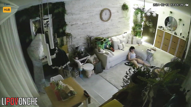 Hot masturbation on the floor in the living room