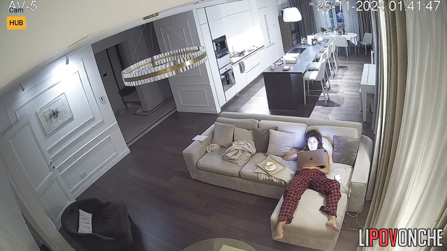Single but sexy brunette masturbating in the living room