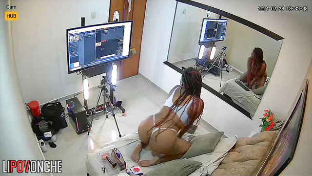 Behind the scenes of private chat: Seductive ebony girl shows her sex toys.
