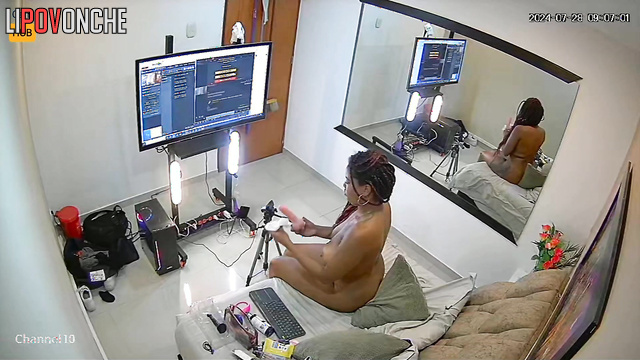 Behind the scenes of private chat: Seductive ebony girl shows her sex toys.