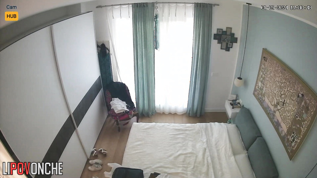 Tanned couple fucking on bed in bedroom and man cums inside