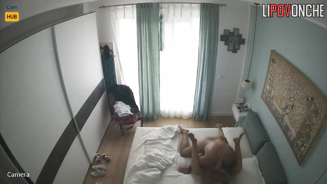 Tanned couple fucking on bed in bedroom and man cums inside