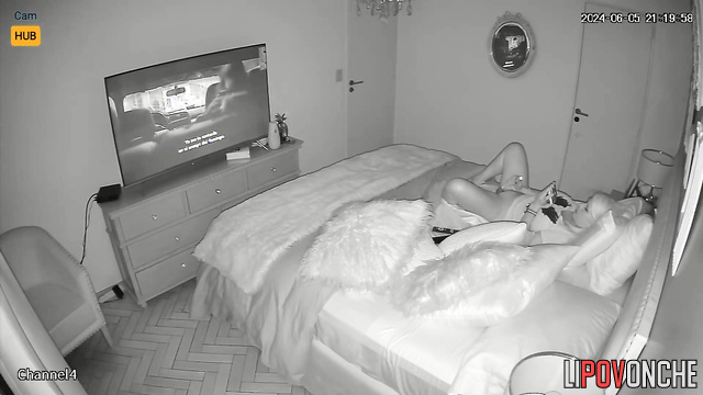 Playful blonde enjoying her clit lying on the bed