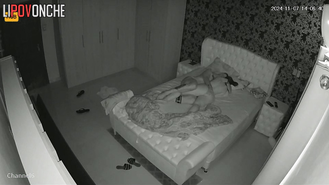 Brunette enjoying his awesome sex skills on the bed