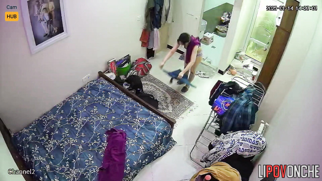 Naked brunette dressing after cool sex with a girl