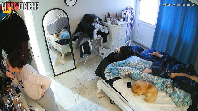 Chubby babe dressing after lazy sex with her boy