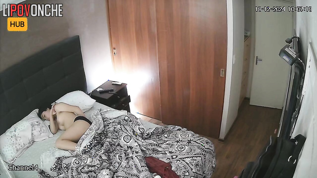 Asian topless babe chilling on the cozy bed alone