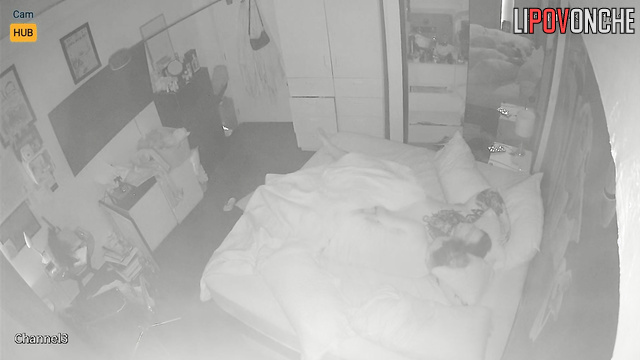 Tattooed couple kissing and hugging during sex, hidden cam