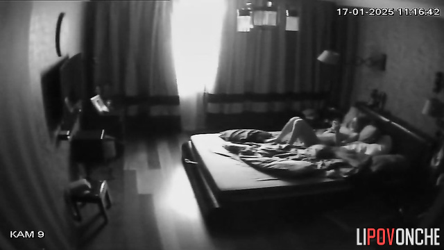 Slim lady and chubby man enjoying cowgirl sex in bed