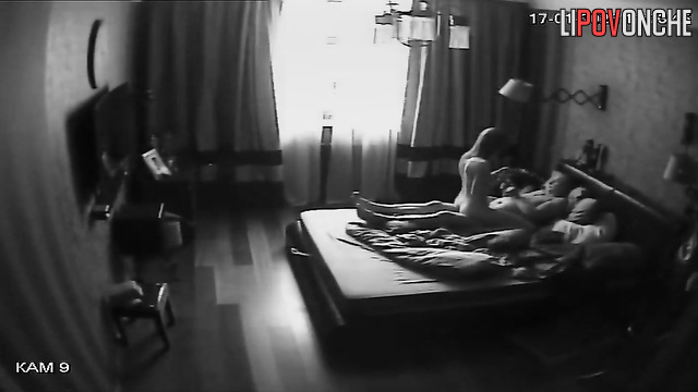 Slim lady and chubby man enjoying cowgirl sex in bed