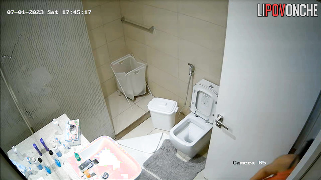 A cute brunette is washing her delicate pussy right on the toilet after peeing