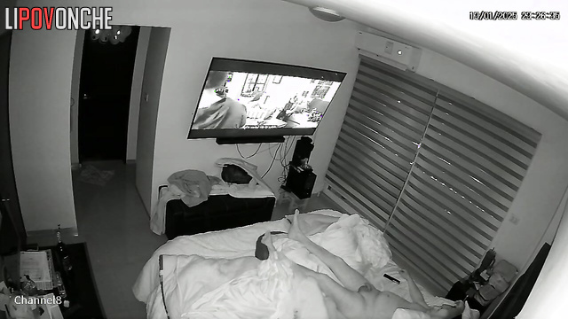 A bored wife plays with her husband's dick while he watches a movie