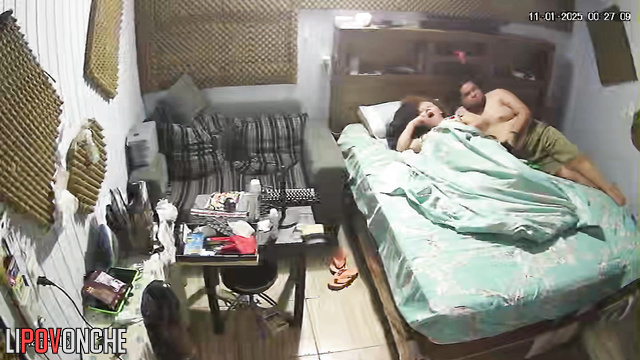 Chubby people using a sex toy during hot bed games