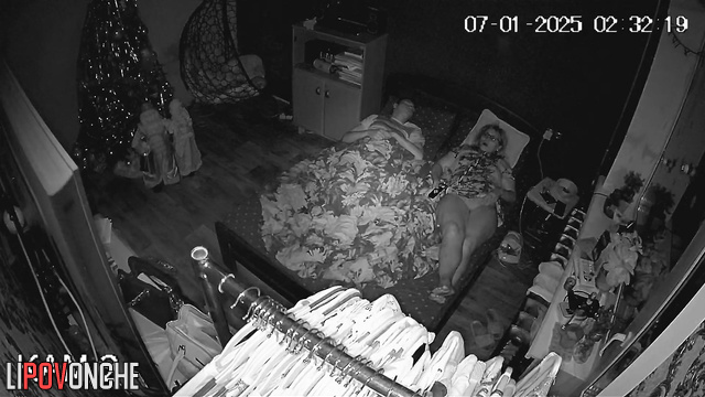 Horny milf masturbating near her stupid sleeping husband