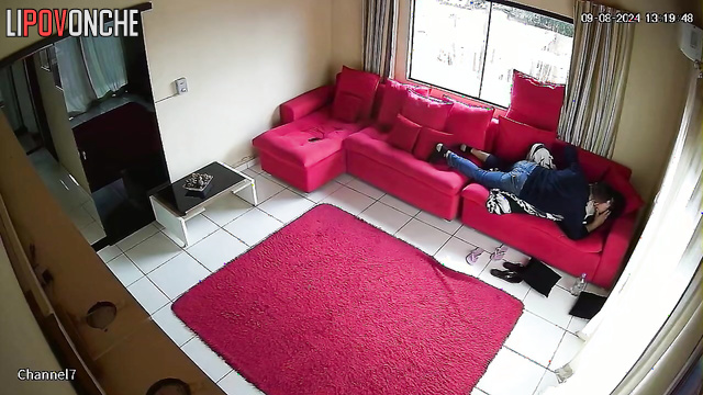 Amazing sex between horny spouses on the old red sofa