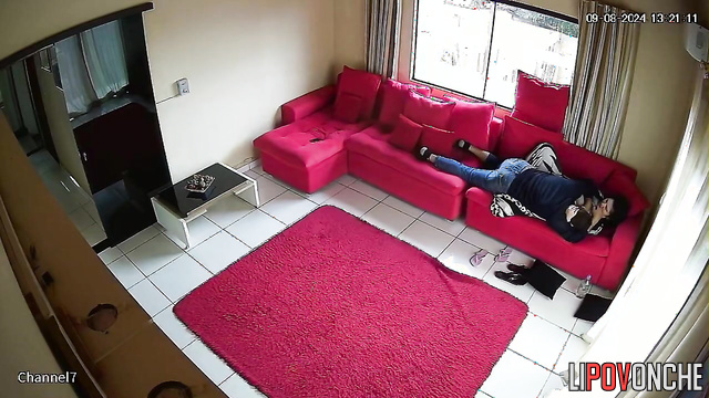Amazing sex between horny spouses on the old red sofa