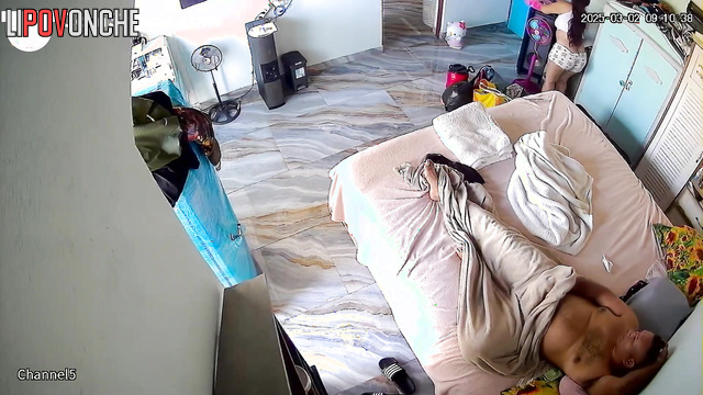 The little chubby wife doesn't want her husband to jerk off, so she sat on his dick